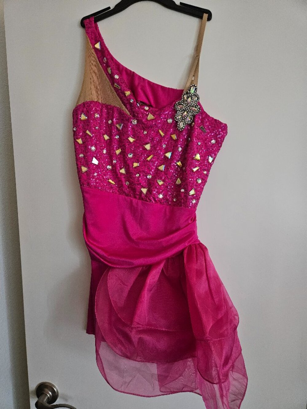 💗 Costume Gallery Pink Lyrical Leotard w/ Asymmetrical Tutu & Rhinestone Detail
